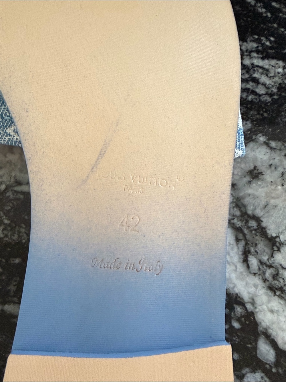 Louis Vuitton Denim Monogram Slide Sandals in Blue with Gold Plaque - Picture 4 of 5